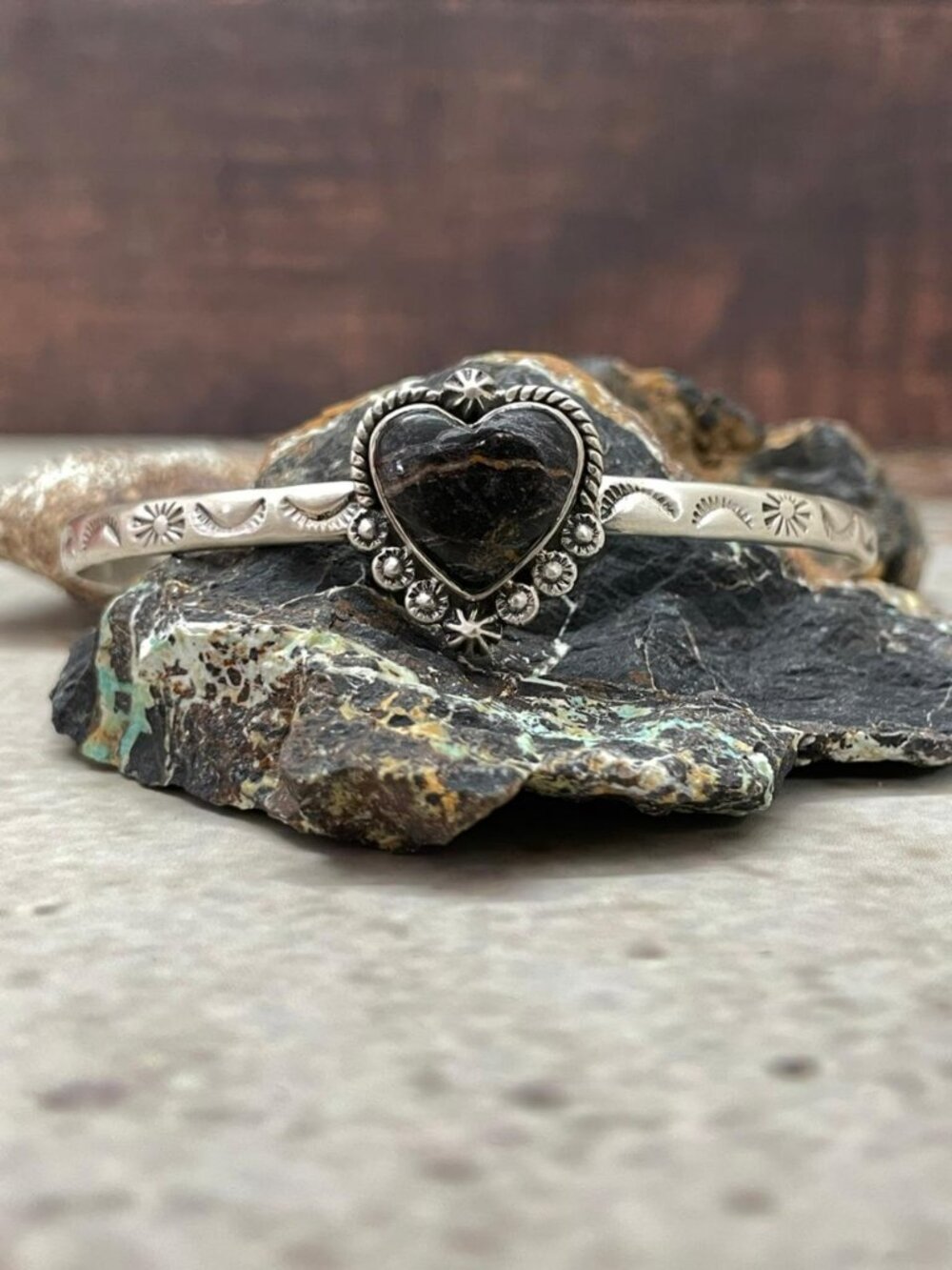 Handmade Sterling Silver Blackjack Turquoise Heart Cuff Bracelet "Signed Nizhoni